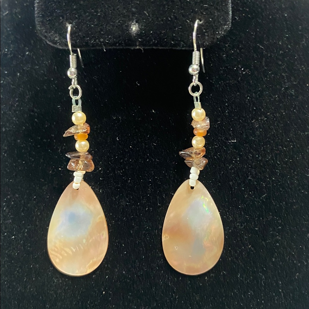 Brown Earth Tones Beaded Shell Long Dangle French Wire Hook Pierced Earrings